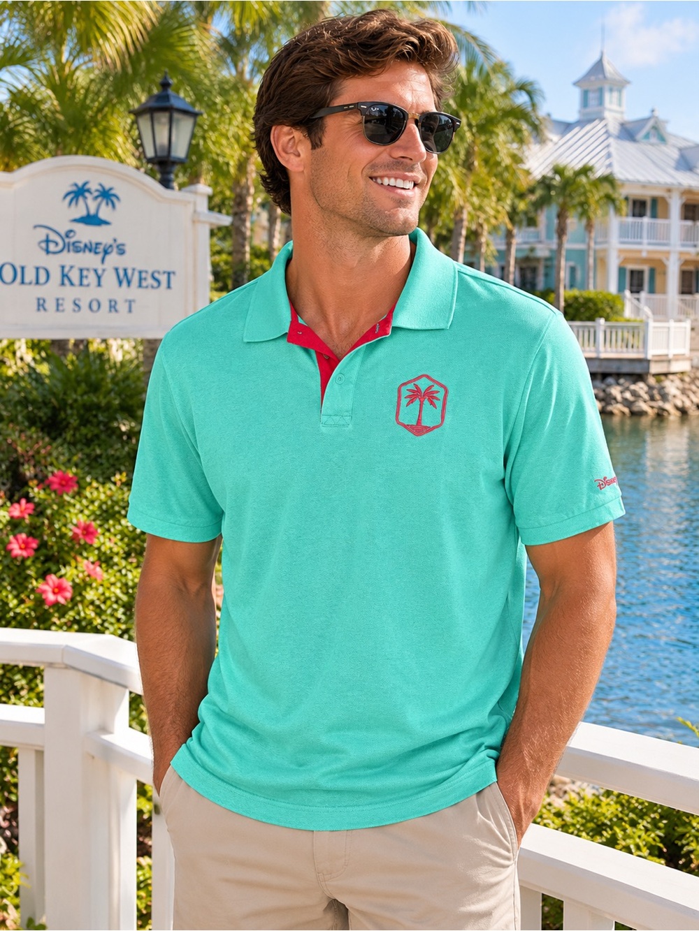Disney Teal Polo with Hot pink Trim and Palm Crest